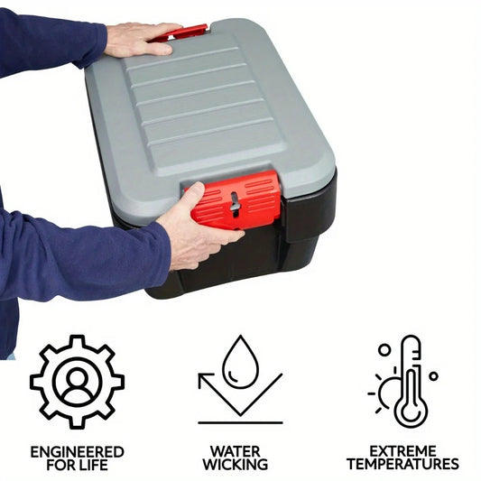 The 8-gallon heavy duty waterproof endurance storage box with heavy latch is perfect for storing your home items.