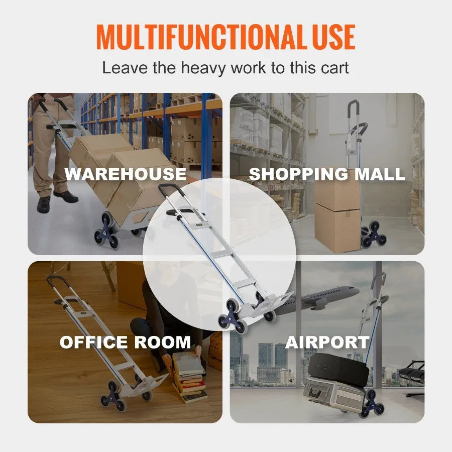 Stair Climbing Cart 550 lbs Load Capacity Aluminum Hand Truck Dolly with Dual Handles Integrated Frame Nonslip Rubber Wheels M