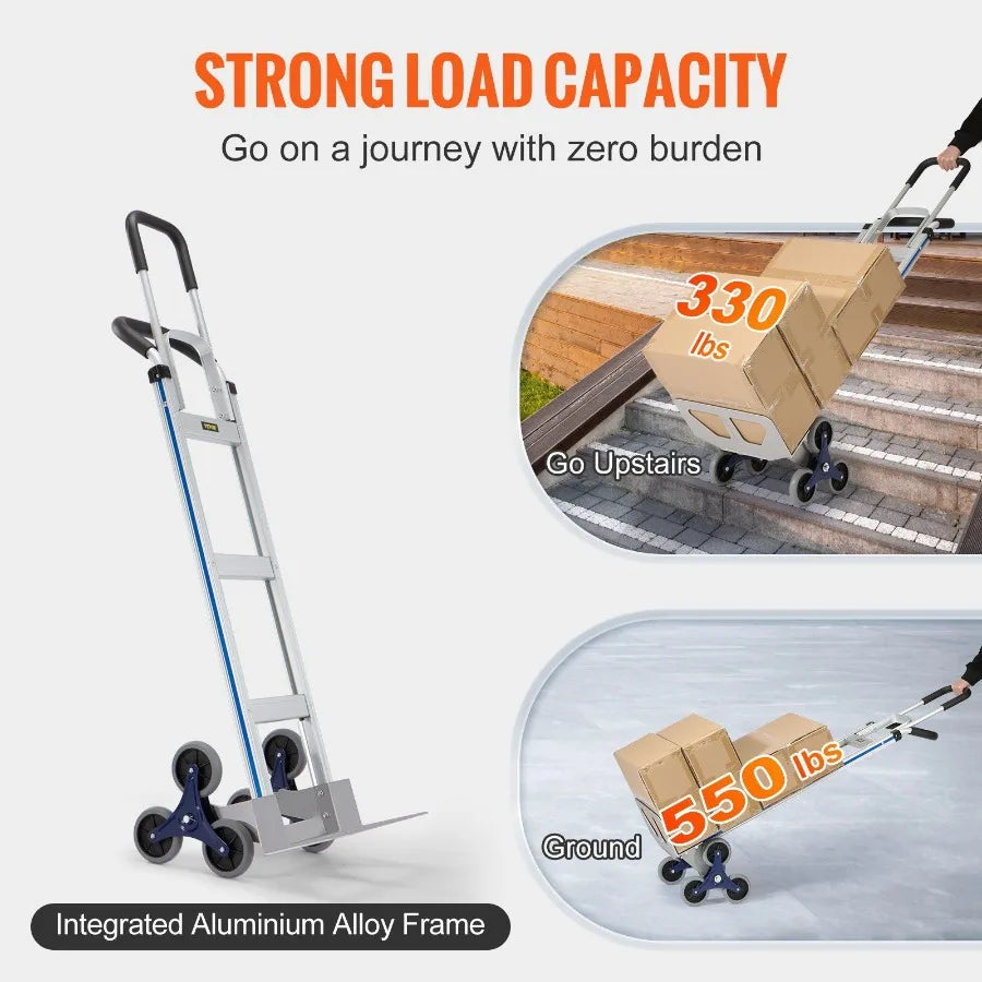 Stair Climbing Cart 550 lbs Load Capacity Aluminum Hand Truck Dolly with Dual Handles Integrated Frame Nonslip Rubber Wheels M